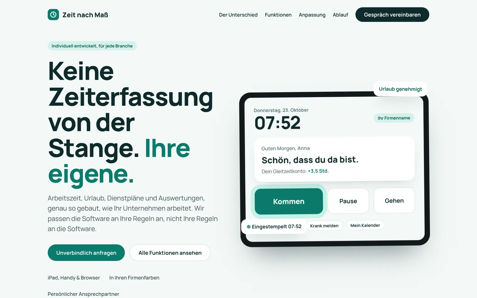 Startseite der Produktseite Zeiterfassung nach Maß